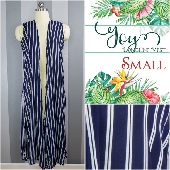 Lularoe Joy Vest SM Navy White Vertical Stripe Summer Nautical Longline Duster - Picture 8 of 8